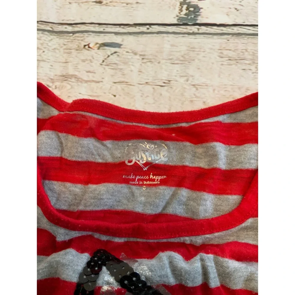 Justice Girls Size 8 Red Grey Striped Star Sequin Front Tie Dolman Crop Top